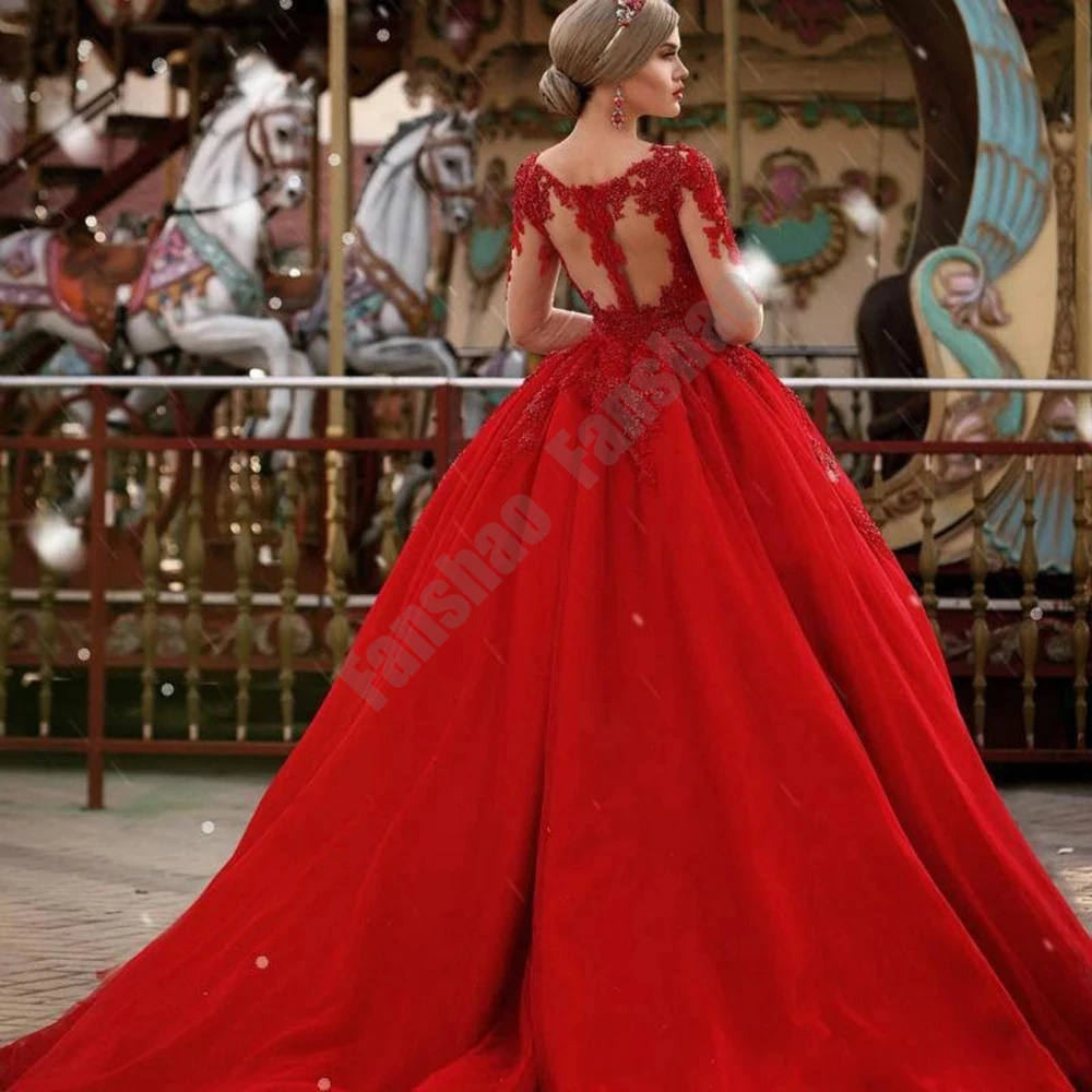 Exquisite Red Wedding Dresses V Neck Full Sleeve Ball Vestito da sposa Gown Appliques Beads Robe de mariee |