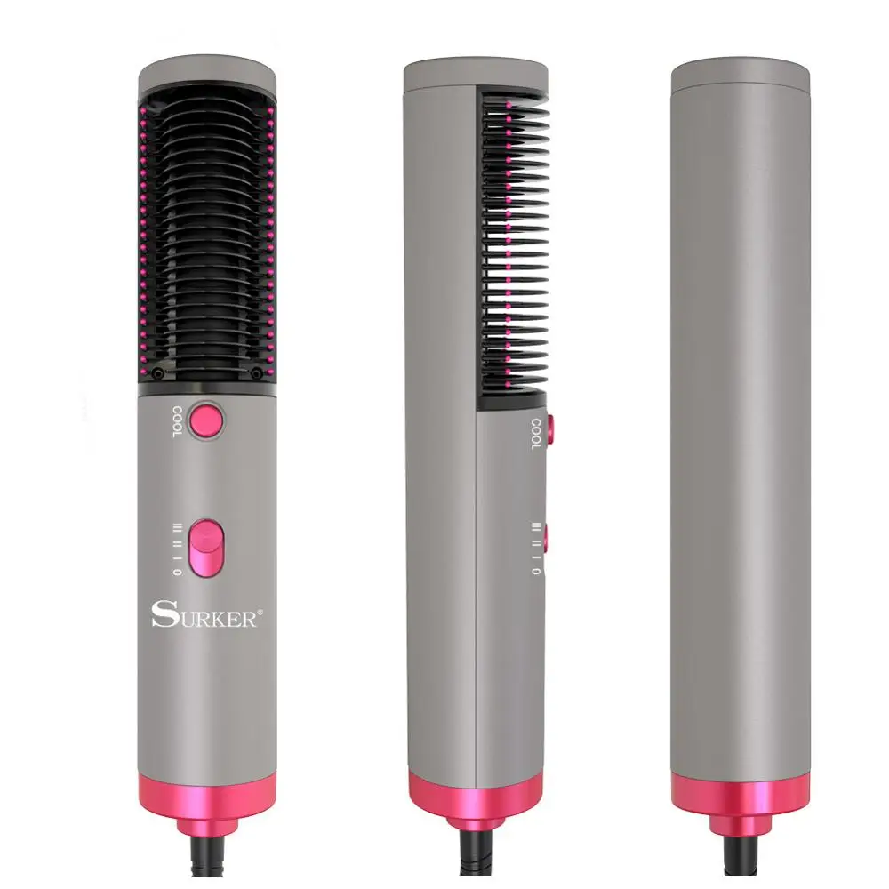 SURKER Hair Dryer Brush 2 in 1 Hair Straightener Negative Ion Hot Air Brush Beard Straightener Blow Dryer