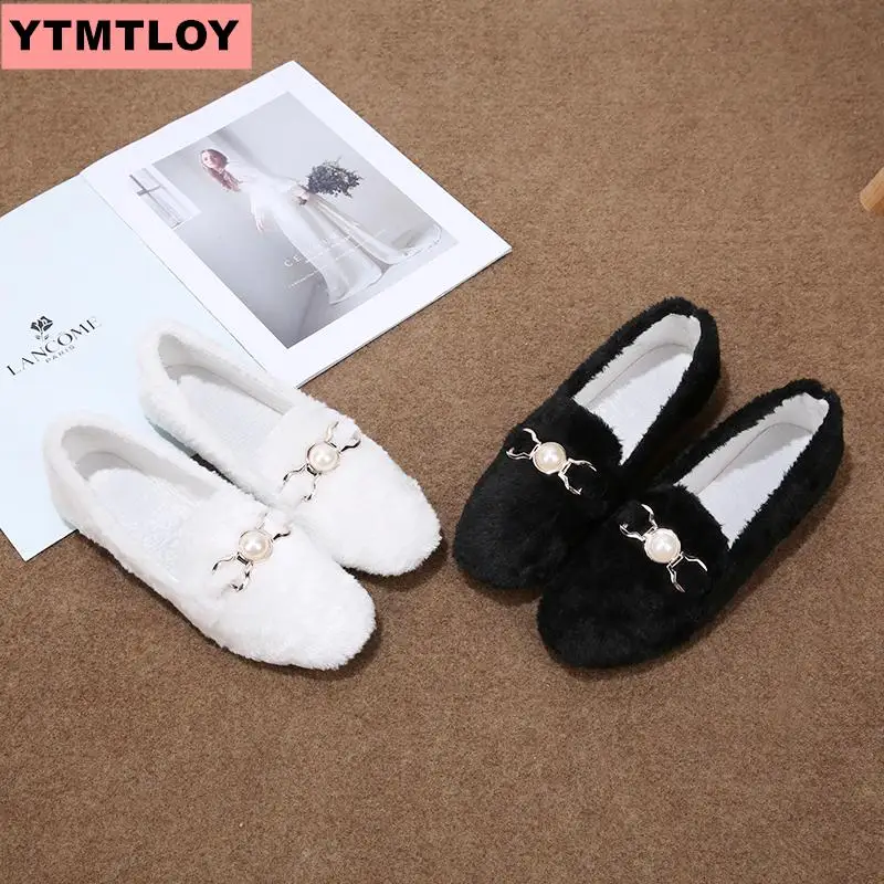 Женская обувь с жемчугом Lok Fu удобная плюшевая на плоской подошве Осень зима