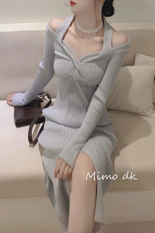 

Spring New V-neck Twist Twist Slim Fit Slimming and Shoulder Hollow Slit Overknee Mid-Length Dress for Women Korean fashion