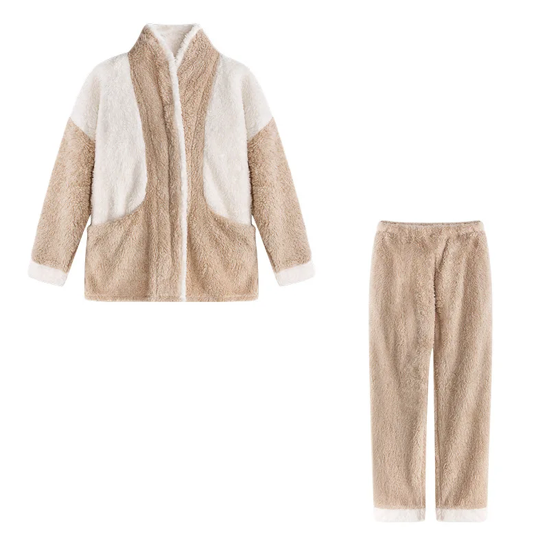 Flannel Thickened Plus Velvet Home Service Cardigan Home Service Suit Women's Pajamas Autumn and Winter Set пижама женская
