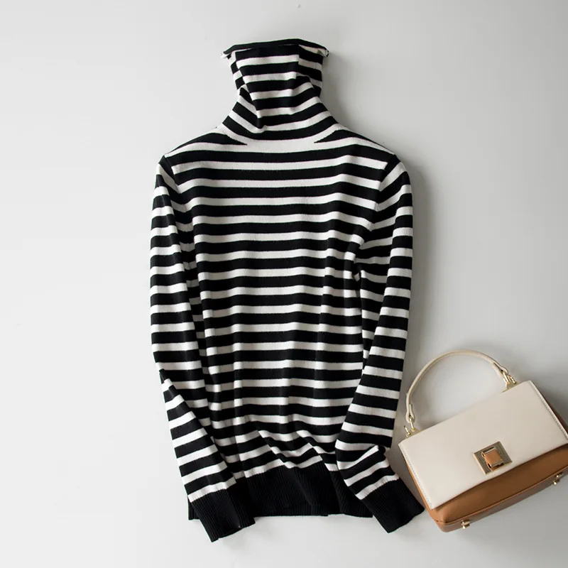 Женский полосатый свитер с высоким воротником повседневный вязаный пуловер