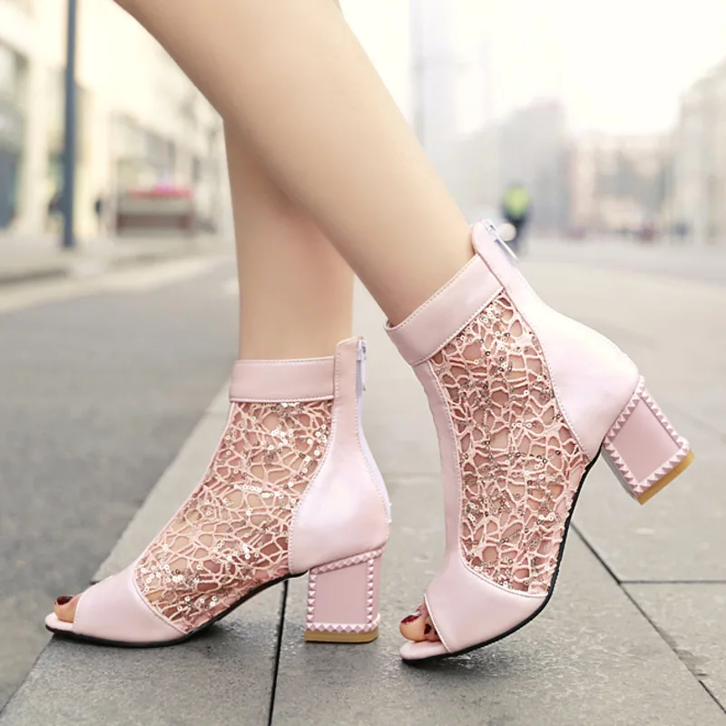 

2021 Summer New Air Mesh Women Sandals Peep Toe Back Zipper Square Heels Sandals Female Fashion Casual Women Shoes Plus Size 43