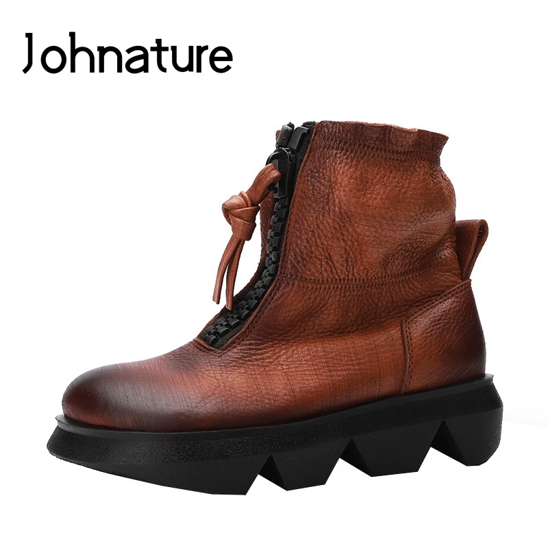 Johnature ботинки на платформе в стиле ретро; Новинка года; сезон осень-зима; женская обувь из натуральной кожи на молнии с круглым носком; ботильоны на плоской подошве
