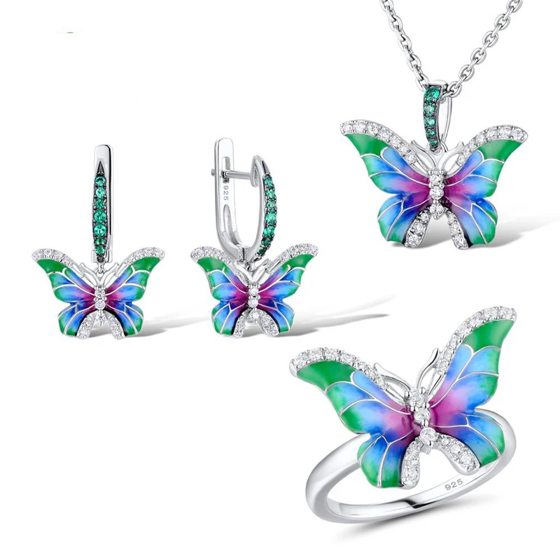 

KOFSAC 2020 Hot Sale Elegant Enamel Color Butterfly Rings Earrings Necklace Set For Women 925 Silver Jewelry Set Lady Party Gift