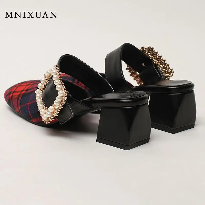 

Fashion shoes 2020 women summer pumps mules high heels square toe pearls block heel rhinestone ladies slippers big size 41 42