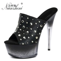 gothic pleated rivet slippers 15cm women sexy high heels platform 6 inches mature punk fetish models stage show cross dressing