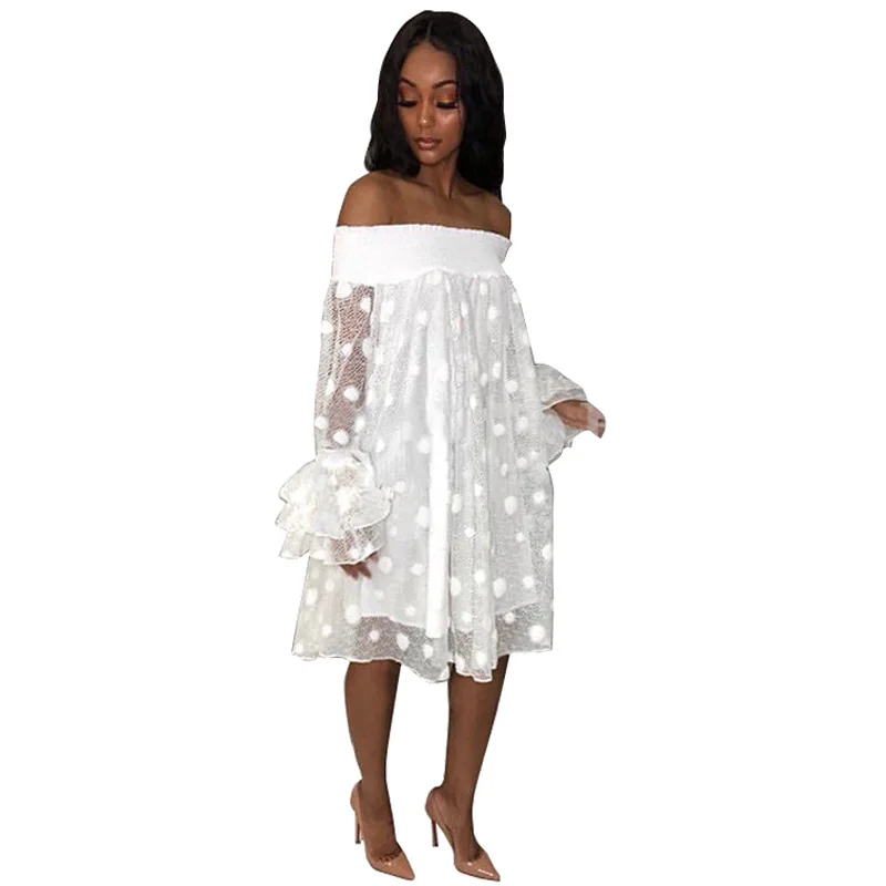 Белый горошек кружевное платье для женщин уличная повседневные летние платья с