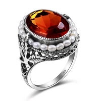szjinao real fresh water pearl rings for women vintage big stone ring with amber silver 925 handmade oval shape womens jewellery