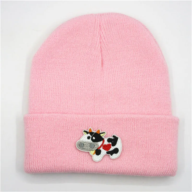 Толстая вязаная шапка с вышивкой животных коровы зимняя теплая Skullies бини для