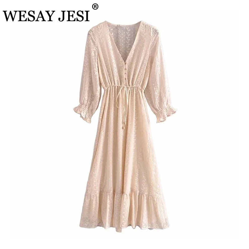 

WESAY JESI Women Clothig Dress TRAF ZA 2021 Casual V-Neck Elegant Dress Chic High Waist Drawstring Ruffle Folds Party Dresses