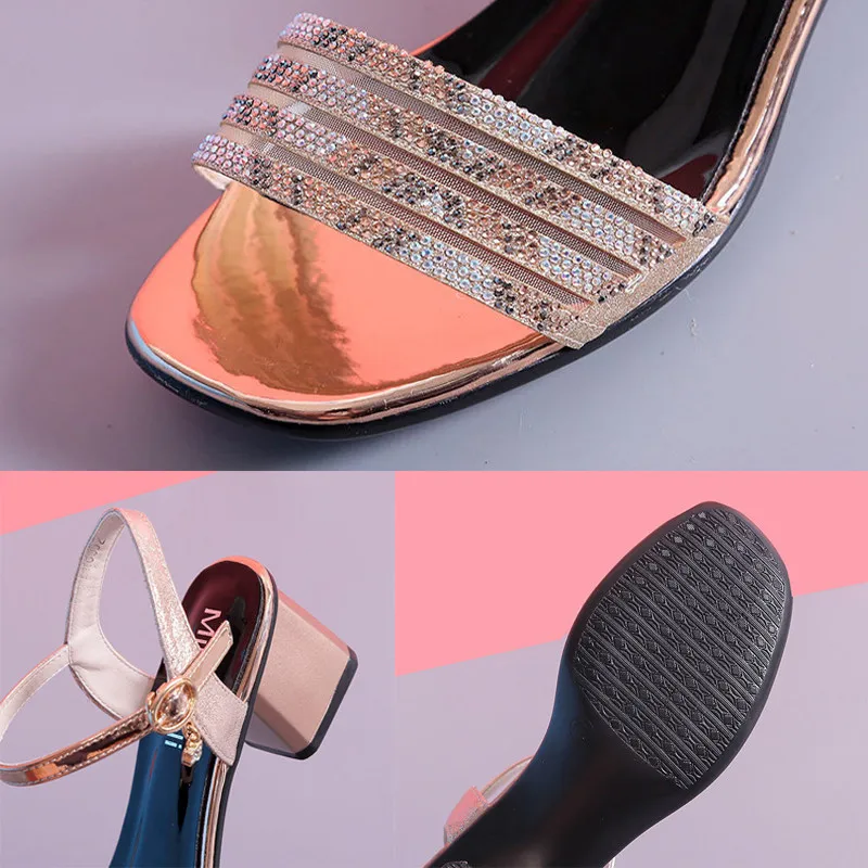 

Black Sexy Rhinestone High Heels Hollow Mesh Chunky Sandals Summer Buckle Strap Ladies Shoes Retro Shoes Women Non-Slip Shoes