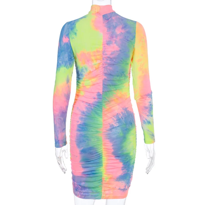 

free shipping 2020 joocar sexy high neck long sleeve Bodycon folds Tie-dye dress JC1471