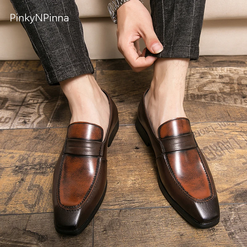 

brown nostalgia retro casual flat loafers men slip on square toe mixed colors light breathable large size 48 business shoes male
