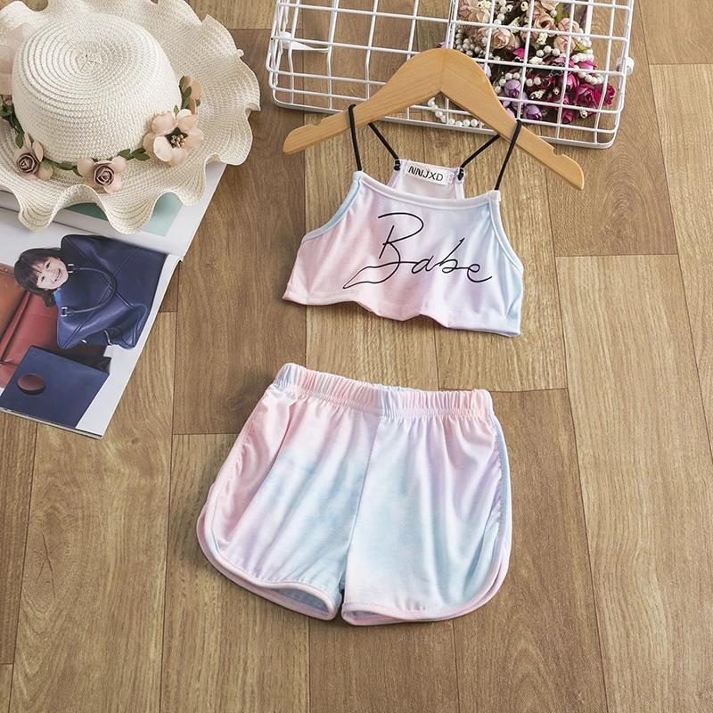 

2021 New Summer Colorful Tracksuits Kids Clothes Set Rainbow Sport Backless Tops+Short Pants 2pcs Outfits Toddler Girls Clothing
