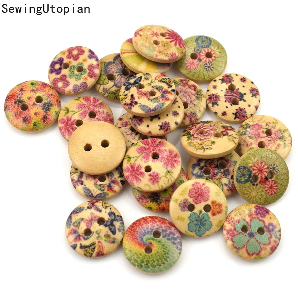 

50PCS 2 Holes Mixed Flower Sewing Accessories Wooden Buttons for Clothes Knitting Crafts Scrapbooking DIY Needlework Decoration