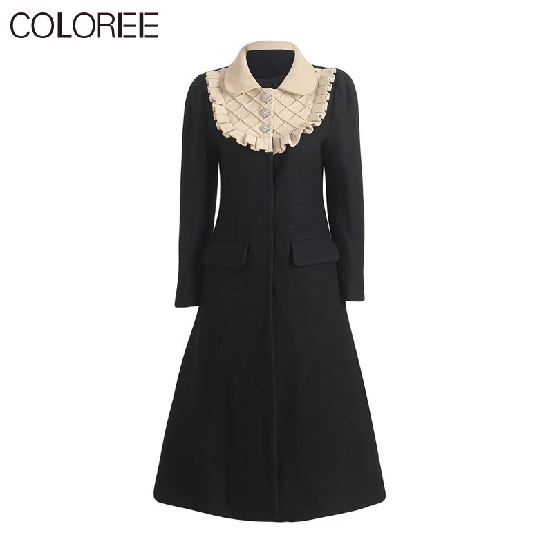 

Autumn Winter Black Jacket Women 2021 Brand Designers Luxury Diamonds Buttons Ruffles Patchwork Wool Coat Women Fashion Outwear