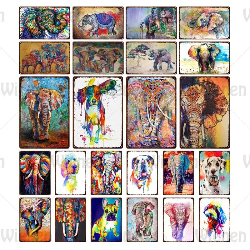 

Retro Watercolor Animal Poster Dog Elephant Metal Tin Sign Wall Decor Vintage Metal Iron Plates Plaque Bar Pub Club Home Decor