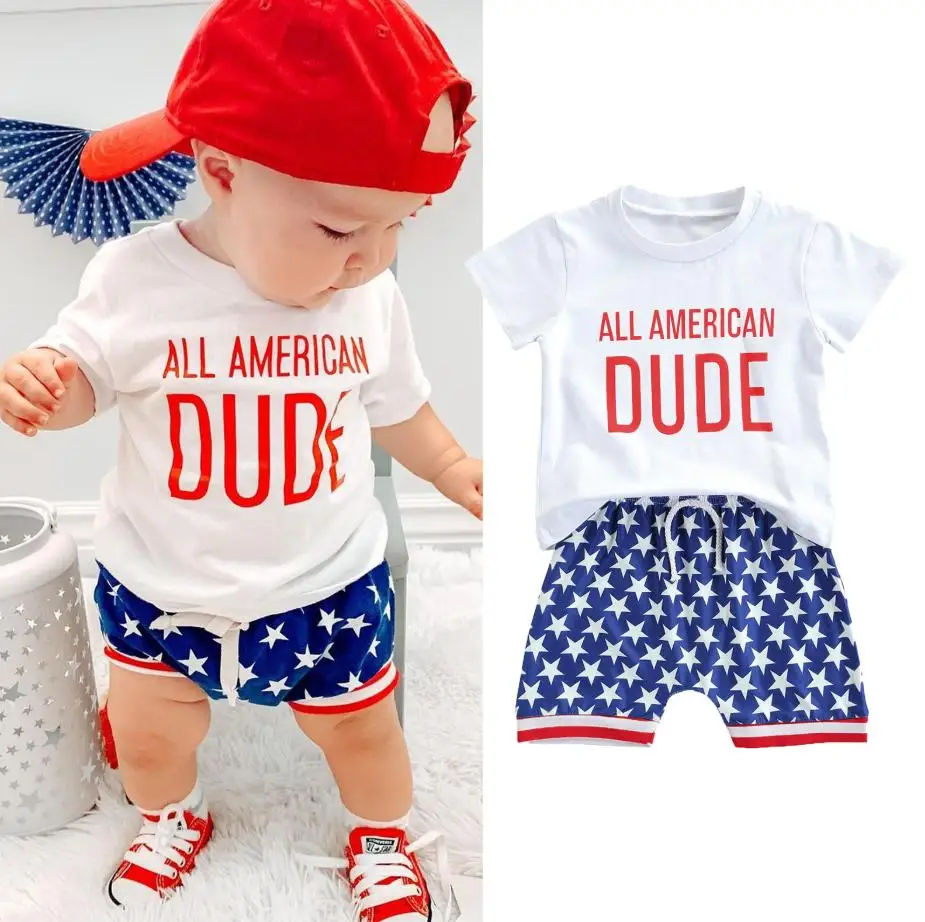 

Комплект детской повседневной одежды для мальчиков на День Независимости, белая футболка с коротким рукавом и круглым вырезом, топы и шорты...