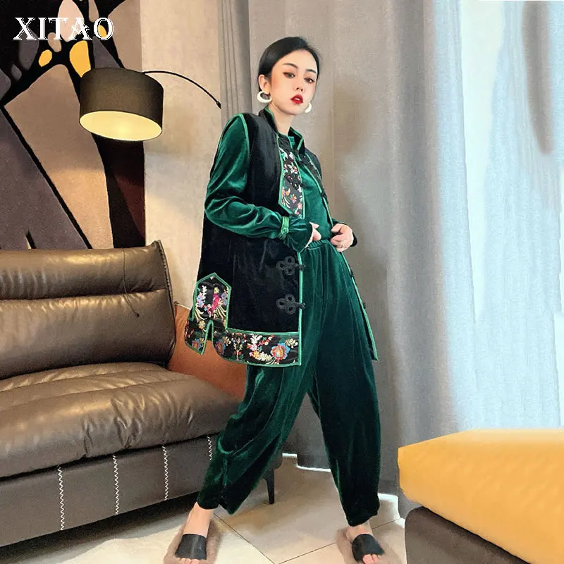 

XITAO Vintage Velvet Pants Sets Embroidery Jacquard Vest Three-piece Suit Chinese Style Coil Buckle Fashion Trendy GWJ1957