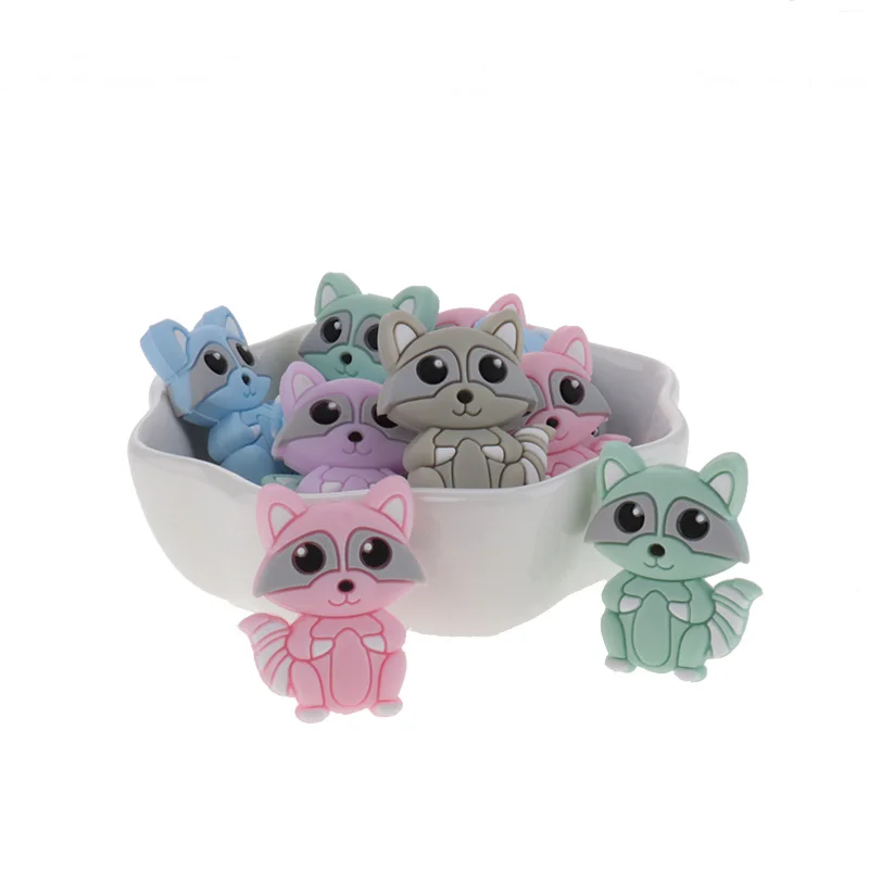 Collar de dentici&oacute;n de grado alimenticio para beb&eacute;, Mini mordedor de mapache con cuentas de silicona, soporte sensorial para chupete, accesorios de cadena, juguete de ducha, 10 Uds.-1