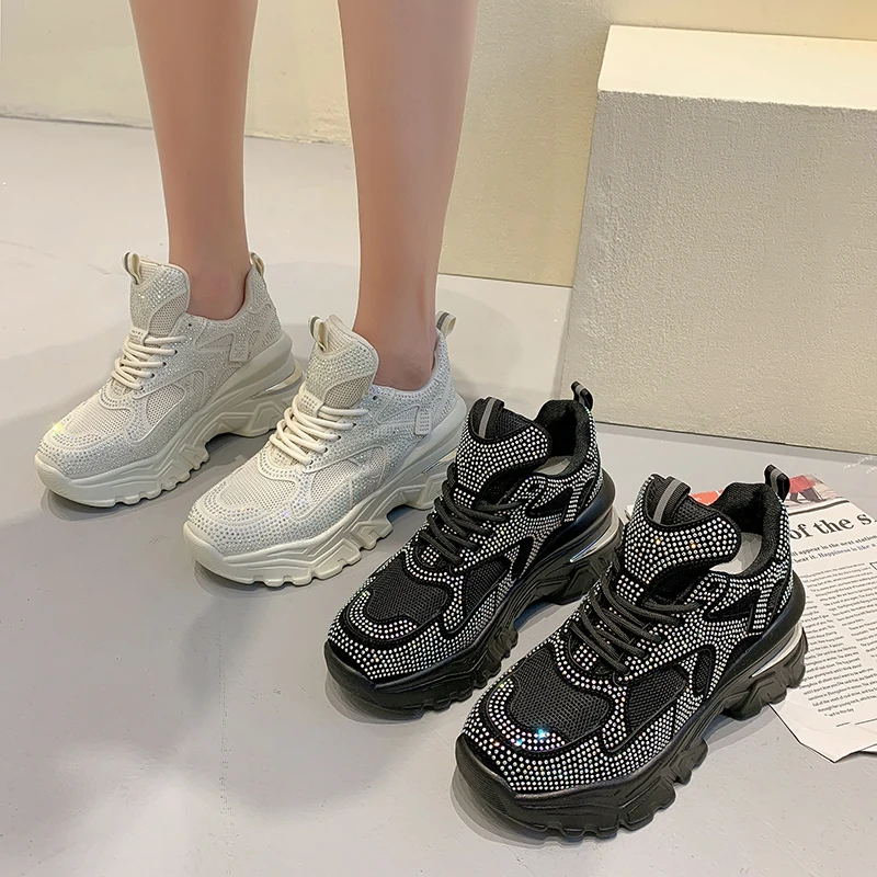 

Bling Sneakers Women Platform Casual Shoes Basket Breathable Mesh Height Increasing Crystal Shoes Trainers Chunky Sneakers Woman