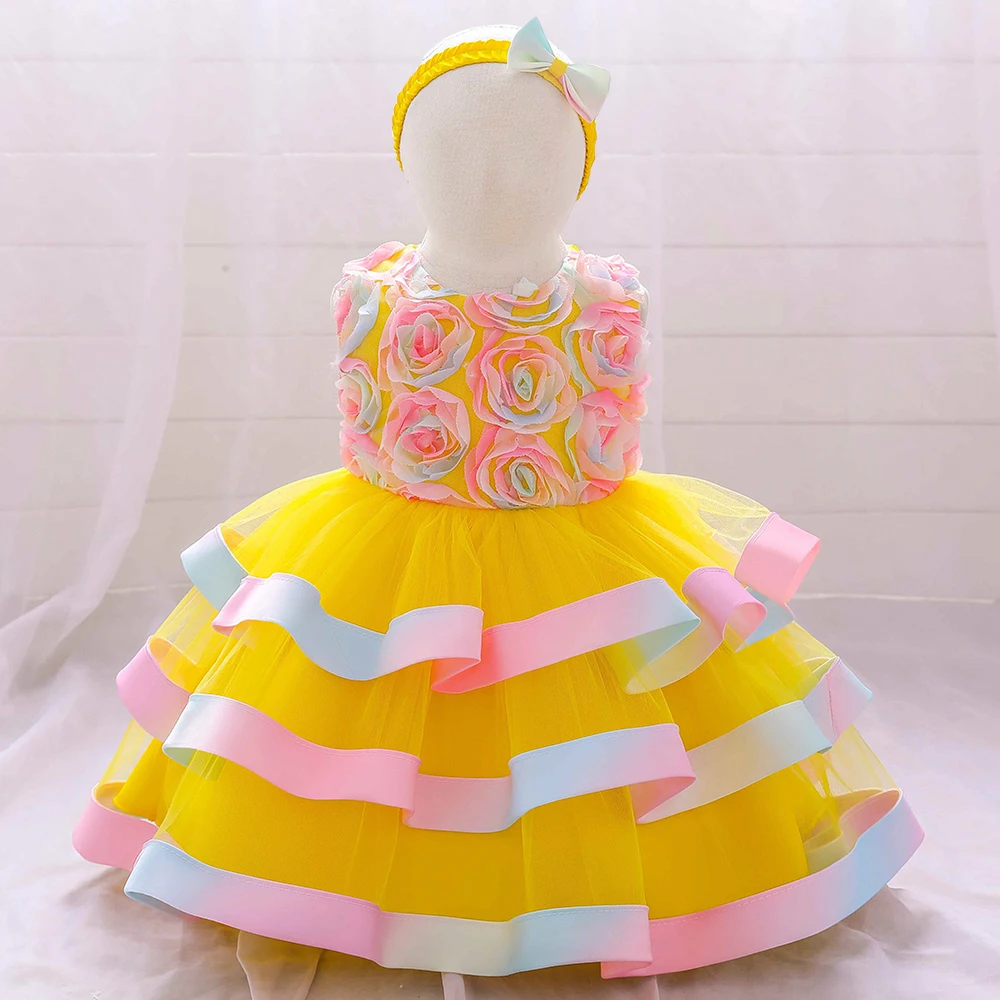 

2022 Send Headband Baptism 1st Birthday Dress For Baby Girl Colorful Flower Wedding Party Princess Dresses Toddler Child Clothes