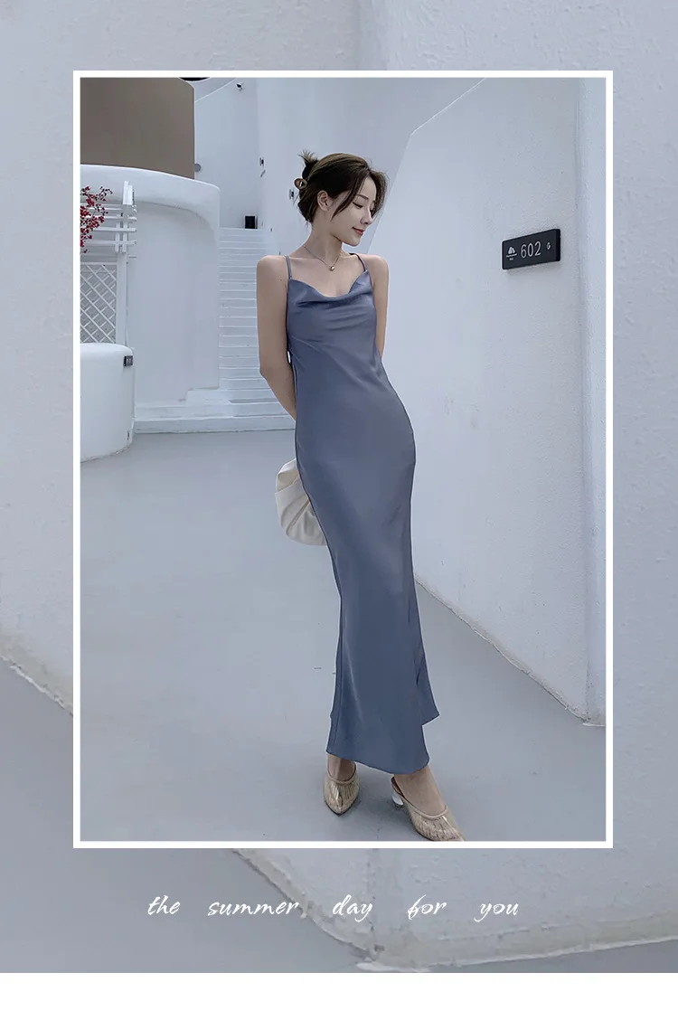 

Blue suspender dress female summer 2021 new holiday collar satin acetic acid simple skirt design skirt punk rave dress