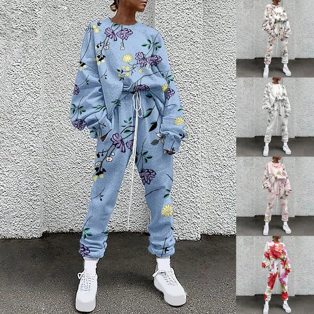 

1 Set Top Pants Set Tie Dye Floral Print Women Round Neck Pullover Drawstring Pants for Sports