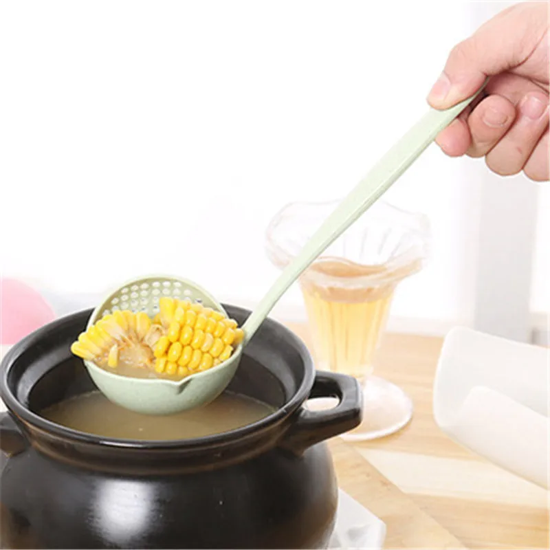 

Kitchen Gadget 2 In 1 Plastic Long Handle Soup Spoon Strainer Utensils Solid Color Cooking Colander Scoop Accessories Tableware
