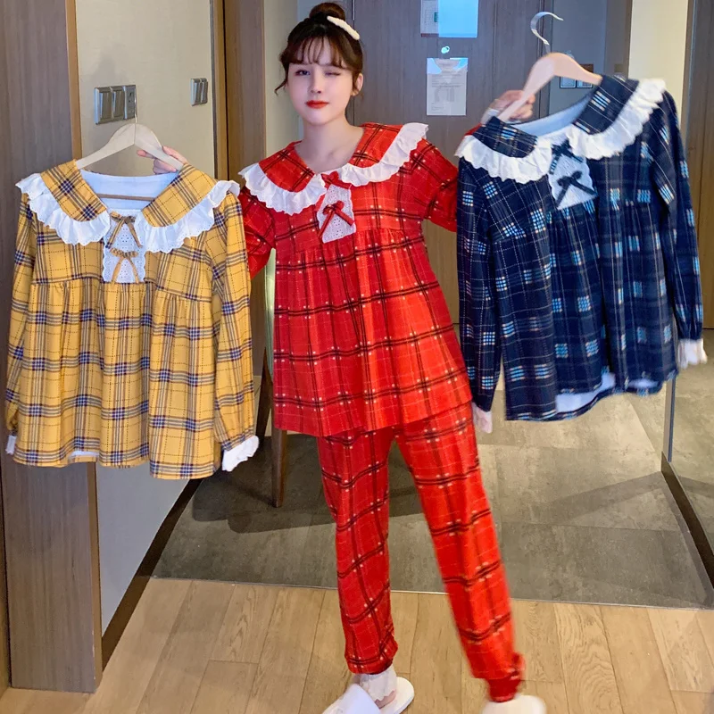 

Пижама, Хлопковая пижама, женская ночная одежда 2022, Женская пижама с длинным рукавом, домашняя одежда, клетчатая Милая одежда для сна с кругл...