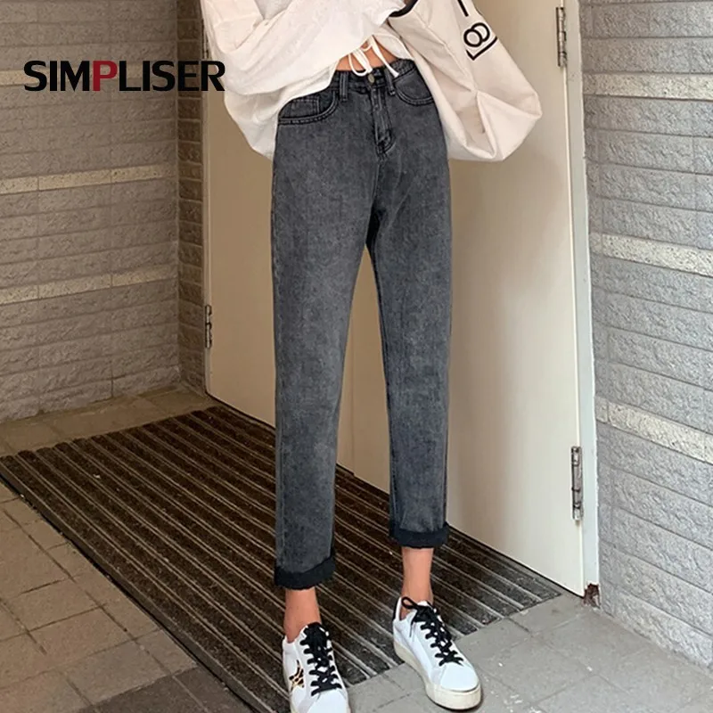 Мягкие джинсы женские синие черные для мам брюки 2020 с завышенной талией Boufriend |