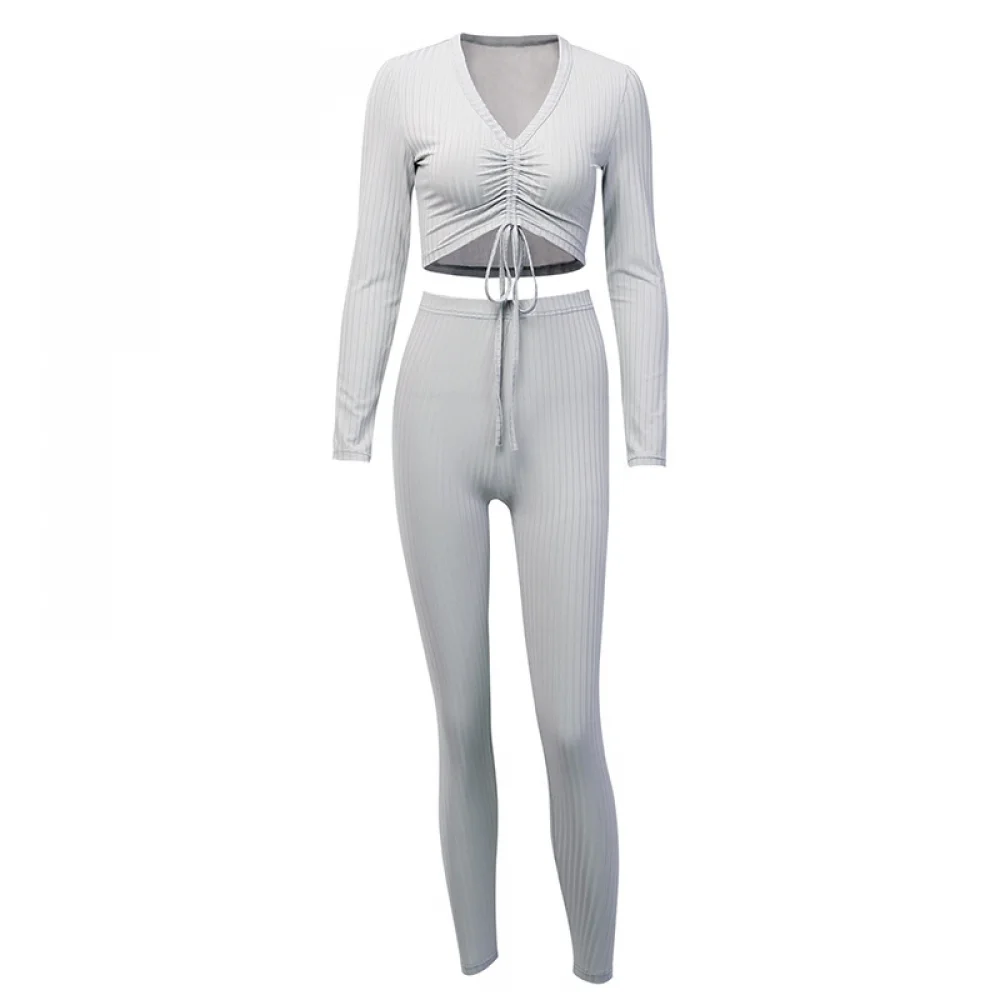 

Women Tracksuit Two Piece Sets Solid Lounge Wear Sexy V Neck Long Sleeve Tight Top And Casual Pant Sets Autumn Women Sport Suits
