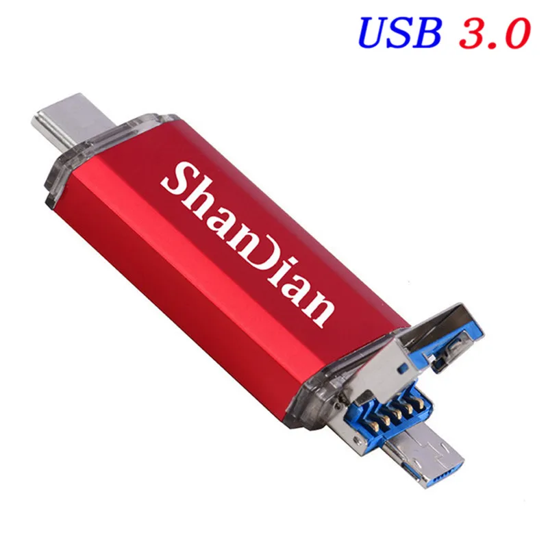 Red SHANDIAN OTG 3 в 1 взаимный обмен данными между компьютером и периферийными устройствами флэш-накопители USB3.0& Тип type-C и Micro USB 128 Гб 64 ГБ 32 ГБ оперативной памяти, 16 Гб встроенной памяти, 8 ГБ 4 ГБ на флэшке, двойной флеш-накопитель USB пользовательских - Цвет: Red
