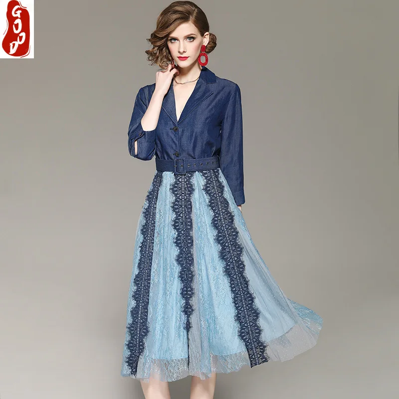 

Blue Elegant Dress Women Denim Lace Mash Dress Sexy V Neck Dresses Fake Two Piece Long Party Dresses Vestidos LPL1679