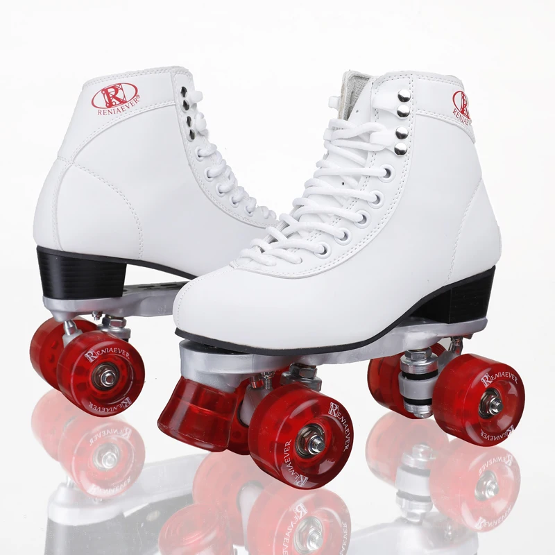 Мода двойной ряд шкив обувь 4 х колесные роликовые коньки белые ботинки из Pu
