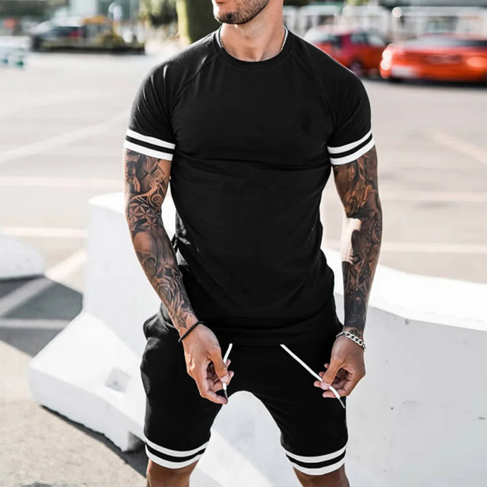 

2021 Casual Sportswear Running Men Set Sporting Suits Short Sleeve Men's T-shirt + Sports Shorts Quick Drying 2 Piece Clothes