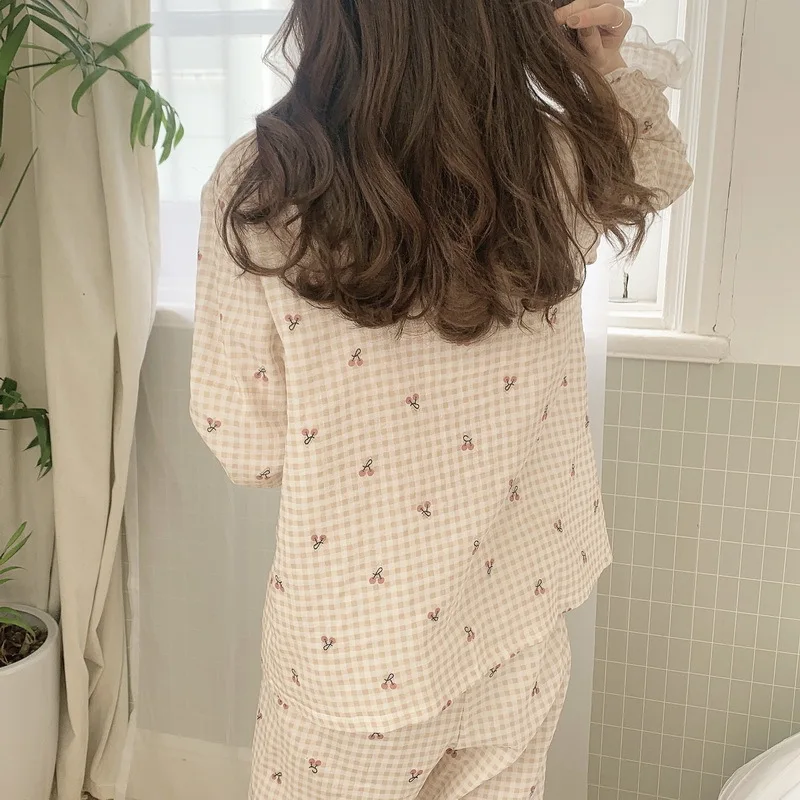 CAIYIER Autumn Winter New Women Pajamas Suit Korea Girl Sweet Lace Cherry Grid Printing Long Sleeve Sleepwear Leisure Trousers