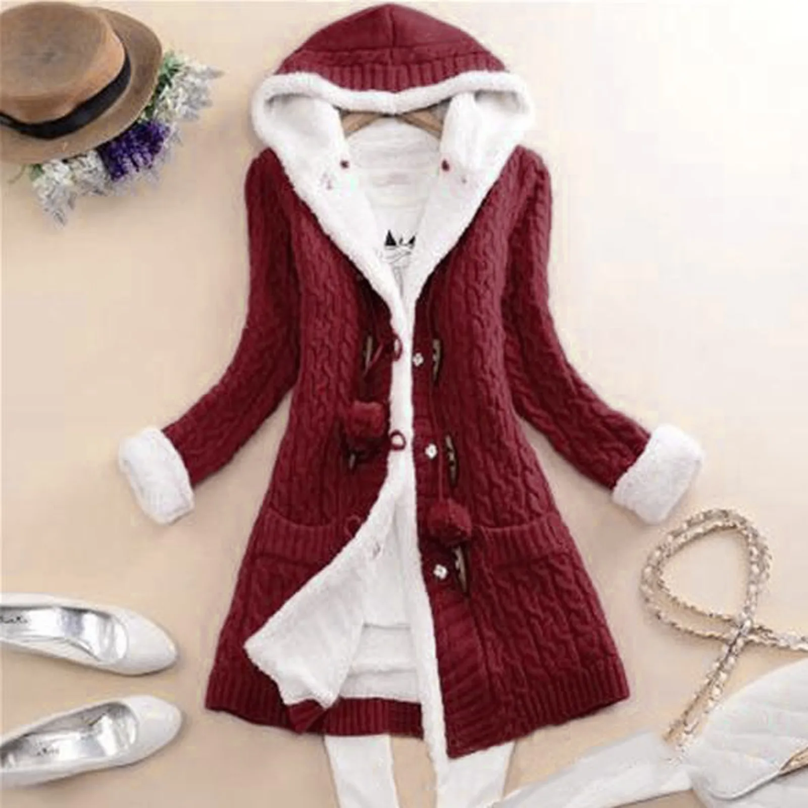

Lady Winter Hooded Fleece Liner Cashmere Knitted Sweater Coat Women Thick Warm Long Sleeve Knit Weave Long Jacket Tops