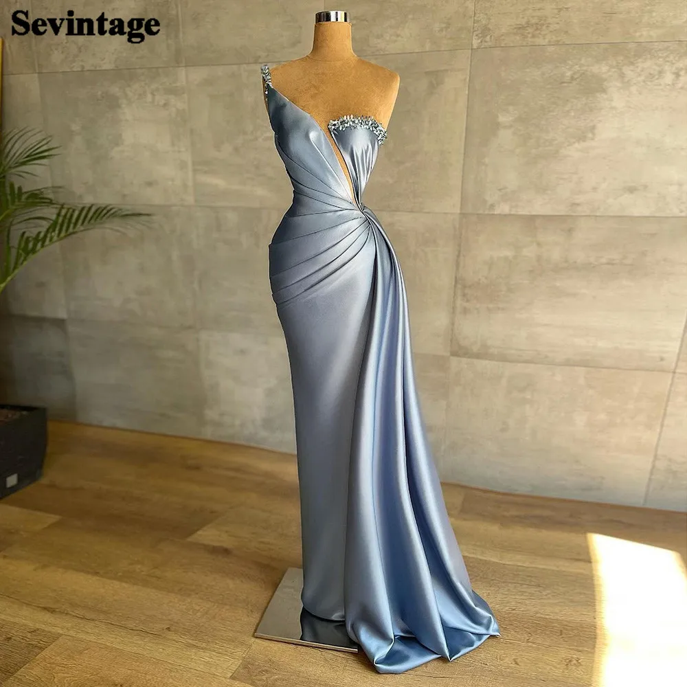 

Sevintage Dusty Blue Satin Mermaid Prom Dresses 2022 One Shoulder Dubai Evening Gowns Overskirt Pleats Formal Women Party Gows
