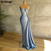 sevintage dusty blue satin mermaid prom dresses 2022 one shoulder dubai evening gowns overskirt pleats formal women party gows