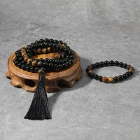 8mm yellow tigers eye black onyx japamala set protective meditation namaste yoga jewelry buddhist prayer bead 108 beads neckalce