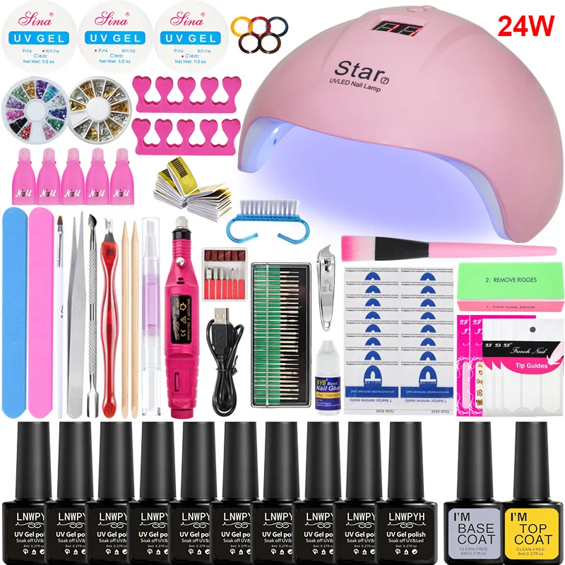 24W 10 colors Маникюрный набор, 10/16 цветов, Гель-лак, базовый топ, наборы для ногтей, 24 Вт/54 Вт, лампа, Удлинительный УФ-гель, маникюрный набор, электрическая дрель для ногтей, набор для ногтей - Цвет: 24W 10 colors