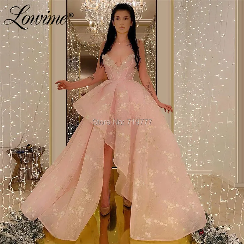 Pink Prom Dresses Celebrity Party Dress 2020 Custom Made Handmade Flowers Arabic Kaftans African Evening Gowns Abendkleider