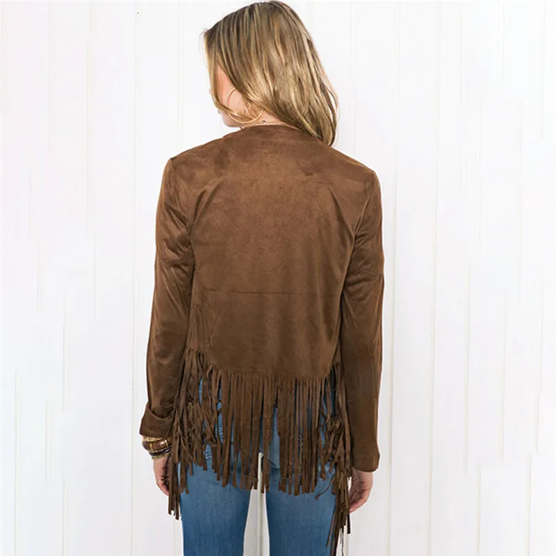 Women Bohemian Long Sleeve Cardigan Jacket Brown Suede Tassels Coat Female Autumn Winter Coats Outerwear | Женская одежда