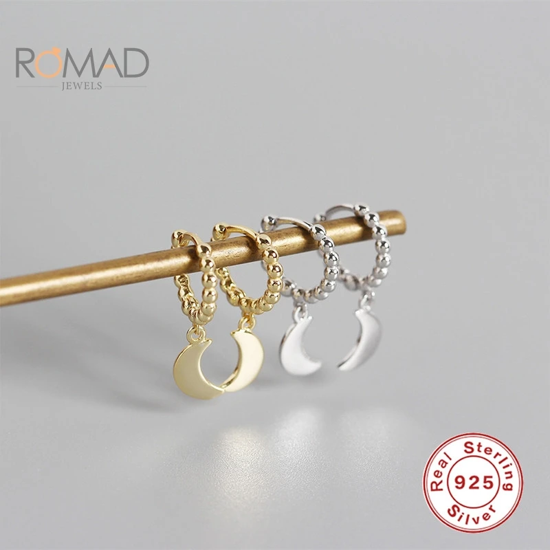

ROMAD INS Minimalist Geometric Glossy Moon Star Earrings 925 Sterling Silver Hoop Earrings For Women Aretes De Mujer