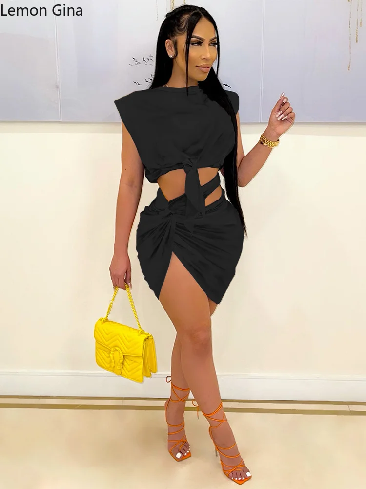 Однотонное ажурное Плиссированное Клубное платье Lemon Gina на завязках комплект из 2