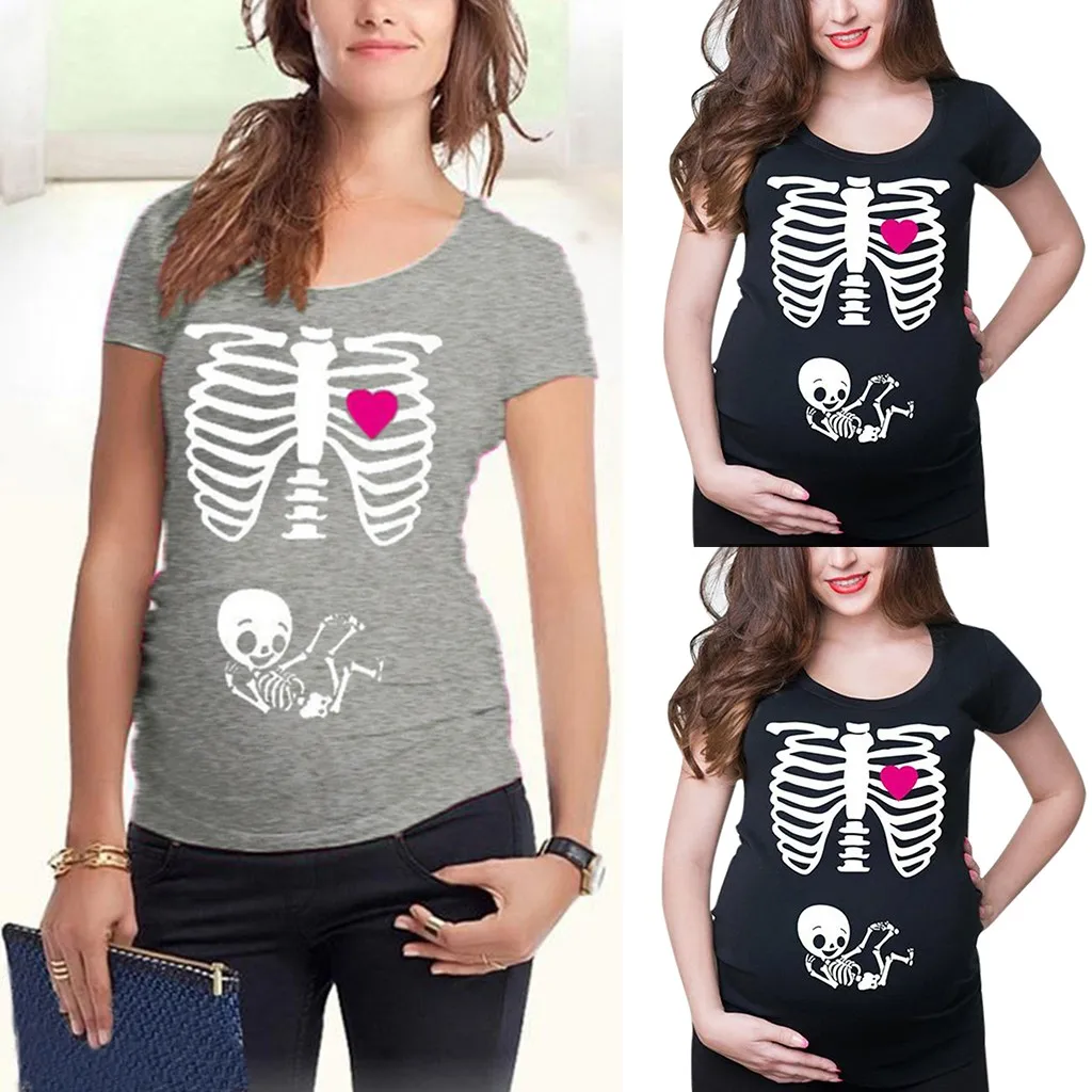 

New Fashion Women Pregnant T-shirt Clothing Women Maternity Short Sleeve Skeleton Print Tops T-shirt Casual Pregnant Clothes 202