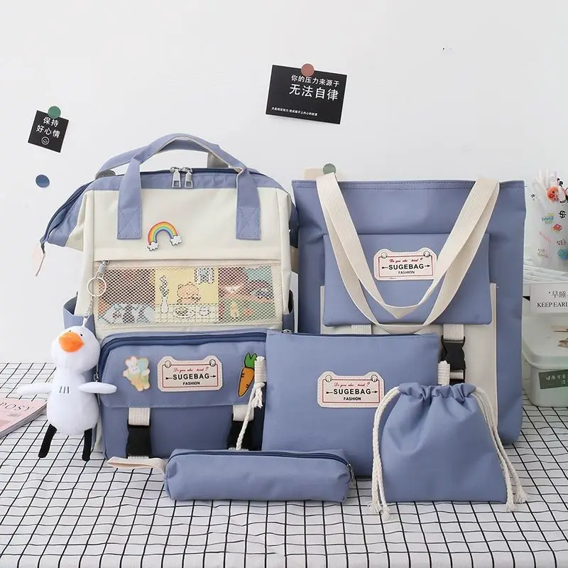 

2021 5Pcs/set Canvas School Backpacks Women Lovely School Bags for Teenage Girls Bookbags Students Travel Shoulder Bags Female