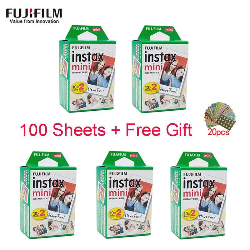 Белая фотопленка Fujifilm Instax Mini 20 100 листов мгновенная фотобумага для камер 8 9 7s 70 25 50s